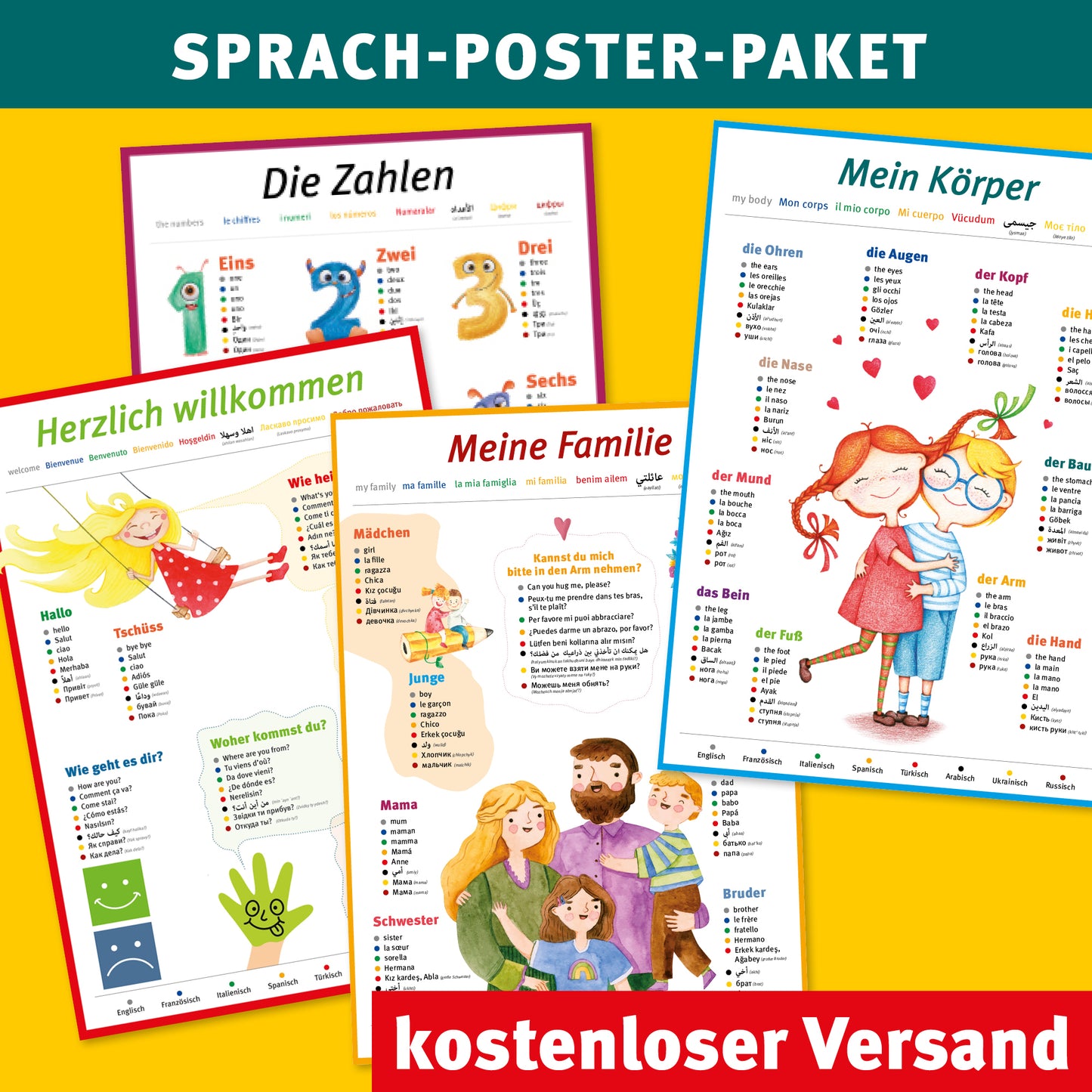 Sprachposter-PAKET: 4 x A2 Poster - Zahlen | Willkommen | Körper | Familie
