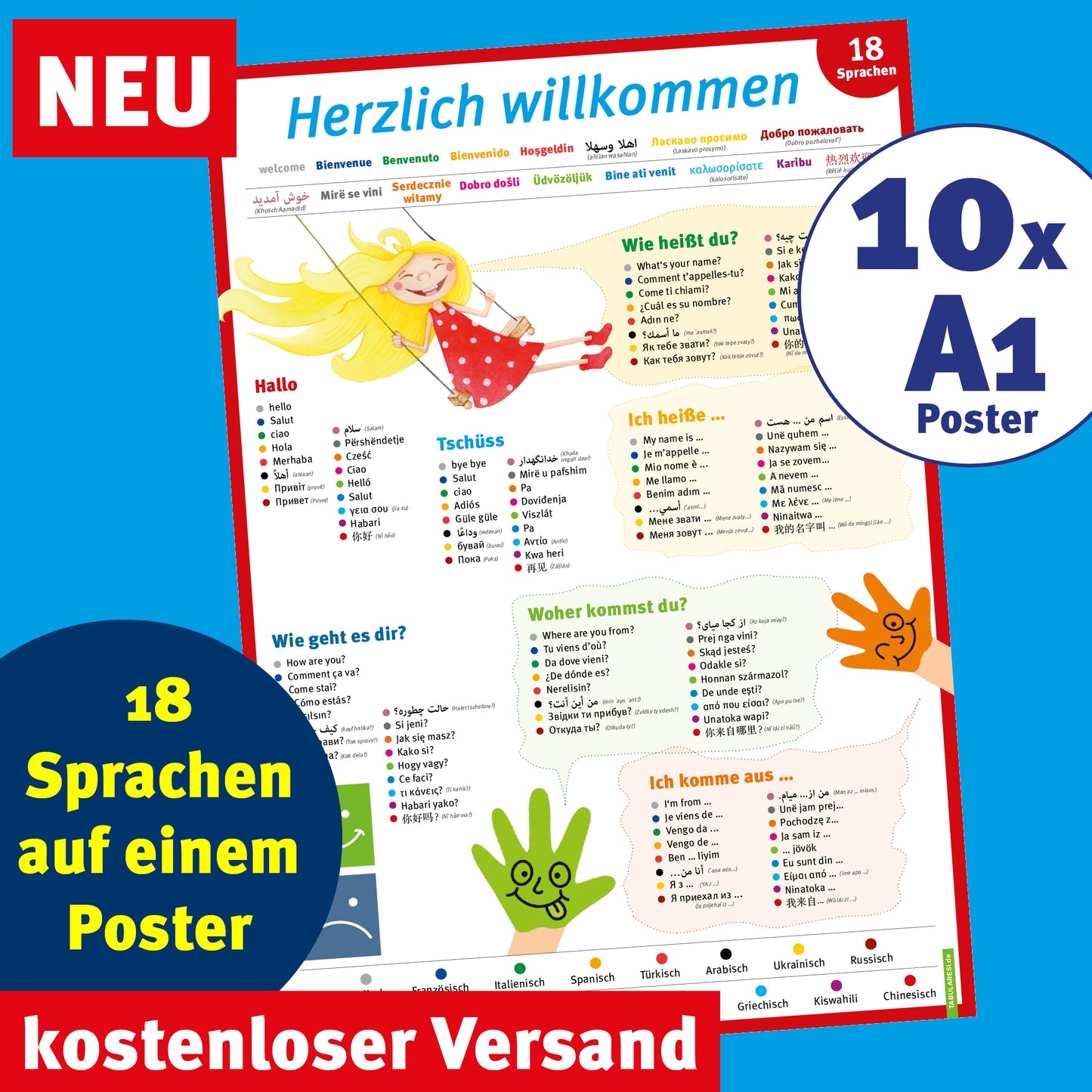 10 x A1 Poster – 18 Sprachen "Willkommen"